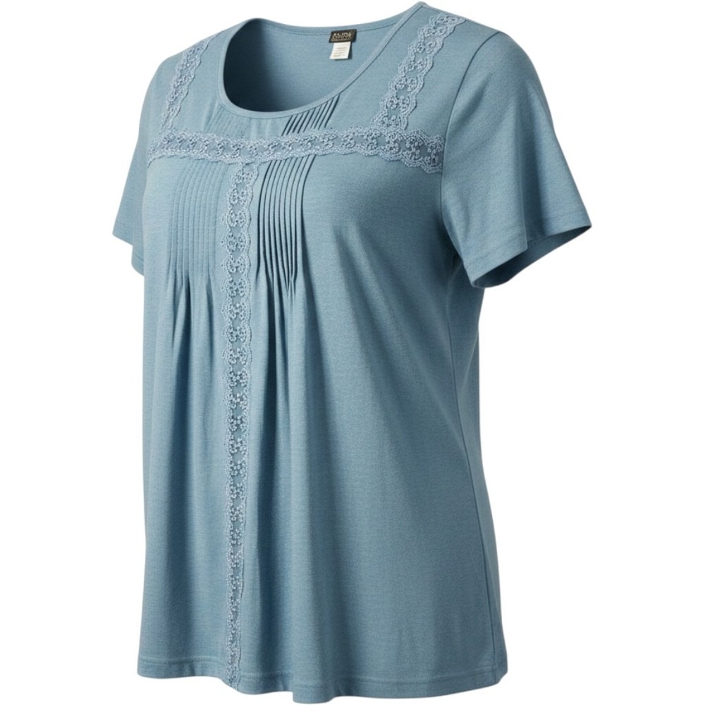 Salon Studio Blue Pintuck Lace Trim Short Sleeve Scoop Neck Top No Size Tag 4XL?